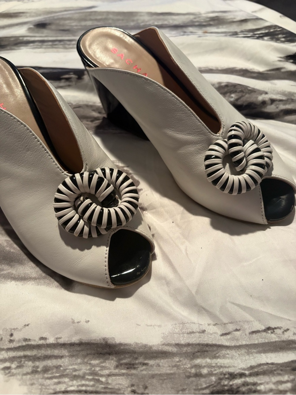 Sacha London White Leather Peep-Toe Mules with Black Accents